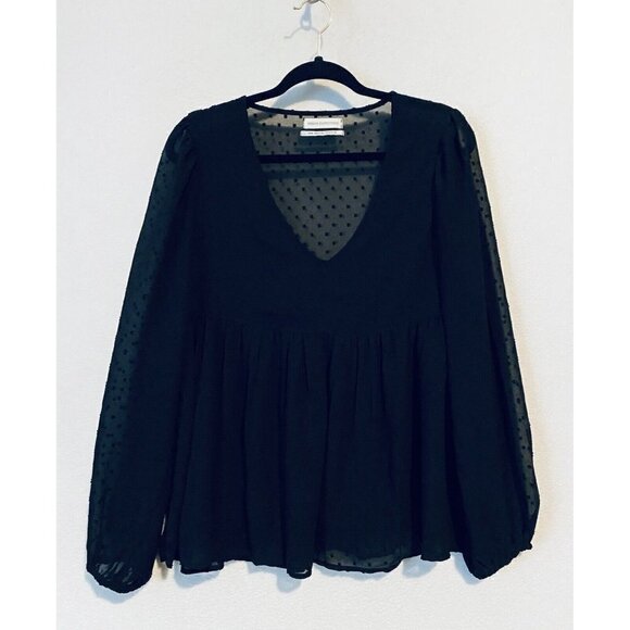 Urban Outfitters Top Womens Medium Clip Dot Babydoll V Neck Sheer Black Boho - Picture 2 of 10